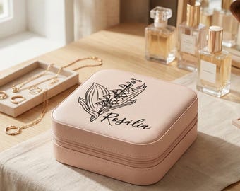 Personalized Jewelry Box with Birth Flower, Custom Name Jewelry Case, Travel Jewelry Organizer, Bridesmaid Proposal Gift