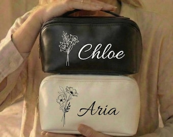Custom Birth Flower Makeup Bag with Name, Personalized Vegan Leather Cosmetic Bag, Bridesmaid Proposal Gift, Travel Toiletry Case for Her
