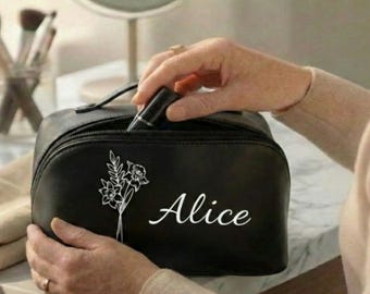 Personalized Makeup Bag with Birth Flower, Custom Name Cosmetic Bag, Bridesmaid Proposal Gift, Travel Toiletry Bag for Women