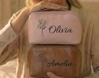 Personalized Birth Flower Makeup Bag, Custom Name Cosmetic Bag,Vegan Leather Toiletry Case,Bridesmaid Proposal Gift,Travel Organizer for Her