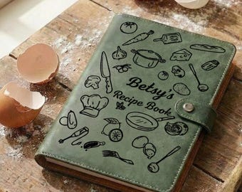 Personalized Leather Recipe Book Cover, Custom Engraved Cookbook Binder, A5 Refillable Journal, Anniversary Gift for Her, Bridal Shower Gift