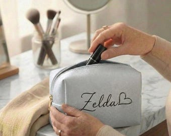 Personalized Makeup Bag with Name, Custom Cosmetic Bag for Women, Bridesmaid Gift, Saffiano Leather Travel Toiletry Pouch, Gift for Her