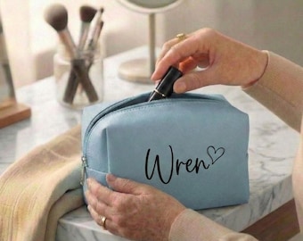 Personalized Makeup Bag with Name, Custom Saffiano Vegan Leather Cosmetic Bag, Bridesmaid Proposal Gift, Travel Toiletry Pouch with Heart
