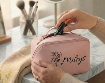 Personalized Makeup Bag with Birth Flower, Custom Name Cosmetic Bag, Bridesmaid Proposal Gift, Travel Toiletry Bag for Women