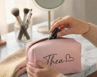 Personalized Makeup Bag with Name,Custom Bridesmaid Gift Pouch, Vegan Leather Cosmetic Bag, Saffiano Travel Toiletry Case