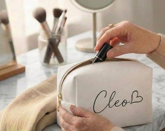 Personalized Makeup Bag with Heart, Custom Name Cosmetic Bag, Vegan Saffiano Leather Toiletry Bag, Bridesmaid Proposal Gift,, Gift for Her