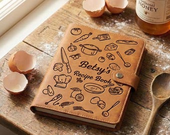 Personalized Leather Recipe Book Cover, Custom Engraved Cookbook Journal, Handcrafted Kitchen Gift for Mom, Heirloom Family Recipe Organize