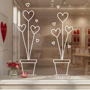 Puede incluir: Dibujo lineal blanco de dos plantas en macetas con flores en forma de corazón sobre una superficie de vidrio. La imagen incluye el texto "~24x31 in (PDF)". Un corazón rojo enmarcado es visible en el fondo. El tema general es el amor y el romance.