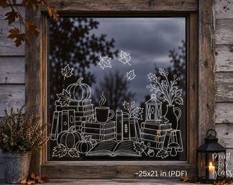 May include: A white line art window decal featuring a stack of books, pumpkins, a steaming mug, a lantern, and falling leaves. The design includes an open book at the base and text in the bottom right corner that reads ~25x21 in (PDF).
