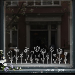 May include: A white line drawing of various flowers on a window. The design includes daisies, tulips, and other floral elements. The text "~34x9 in (PDF)" is at the bottom. The window is set in a dark green frame.