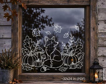 May include: A white line art window decal featuring a fox sitting among pumpkins, mushrooms, acorns, and falling autumn leaves. The design includes the text Print for glass and the dimensions ~32x24 in (PDF) printed at the bottom of the image.