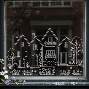 May include: A white line drawing of houses, trees, and flowers on a window. The design features different house styles with windows, doors, and flower boxes. The text at the bottom reads "~33x21 in (PDF)", which is approximately 84x53 cm.
