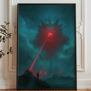 Puede incluir: Lámina artística enmarcada de fantasía que presenta una criatura amenazante de ojos rojos que emite un rayo láser rojo. La obra de arte está ambientada sobre un fondo verde azulado oscuro y gris con una figura silueteada y estructuras. El tema general es la fantasía oscura.