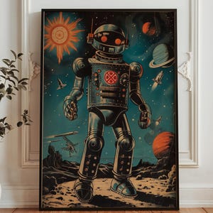 May include: A framed vintage-style print featuring a large robot in a space scene. The robot is metallic gray with red accents, standing on a planet surface with rockets, planets, and a sun in the background. The artwork has a retro sci-fi aesthetic.