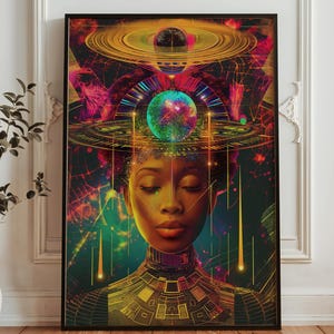 May include: A framed art print featuring a vibrant, cosmic illustration. The artwork depicts a woman with closed eyes, adorned with celestial elements like planets and energy lines. The color palette includes gold, purple, green, and blue hues.