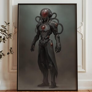 May include: Framed artwork featuring a futuristic humanoid figure in a dark gray suit with red accents. The figure has a helmet with a red dome and multiple tubes extending from it. The artwork is displayed in a black frame.
