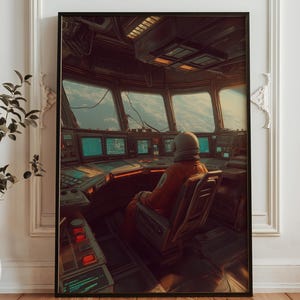 May include: A framed print shows a spaceship interior with an astronaut in an orange suit seated at a control panel. The panel has multiple screens. Large windows offer a view of Earth from space. The colour scheme features browns, oranges, and blues, creating a sci-fi aesthetic.