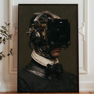 May include: A framed portrait print featuring a figure wearing a dark jacket with a white collar and a black bow tie. The head is replaced by a complex mechanical apparatus with exposed wires, metallic components, and a large black camera lens.