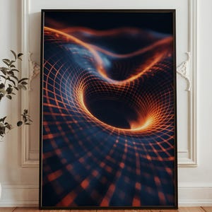 Puede incluir: Impresión artística abstracta enmarcada que representa un vórtice o agujero de gusano digital. La obra presenta un fondo azul oscuro con un patrón de cuadrícula naranja y roja brillante, creando una sensación de profundidad y movimiento. La impresión está enmarcada en un marco negro.