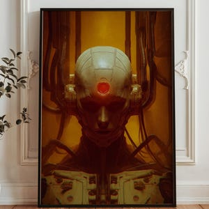 May include: A framed digital art print featuring a futuristic cyborg head with a glowing red eye. The artwork has a warm, golden color palette with intricate mechanical details and wires.