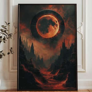 May include: Framed artwork depicting a surreal landscape with a large, fiery moon encircled by a dark ring. The scene features a dark, jagged mountain range and a river of lava, all rendered in shades of red, orange, and black.