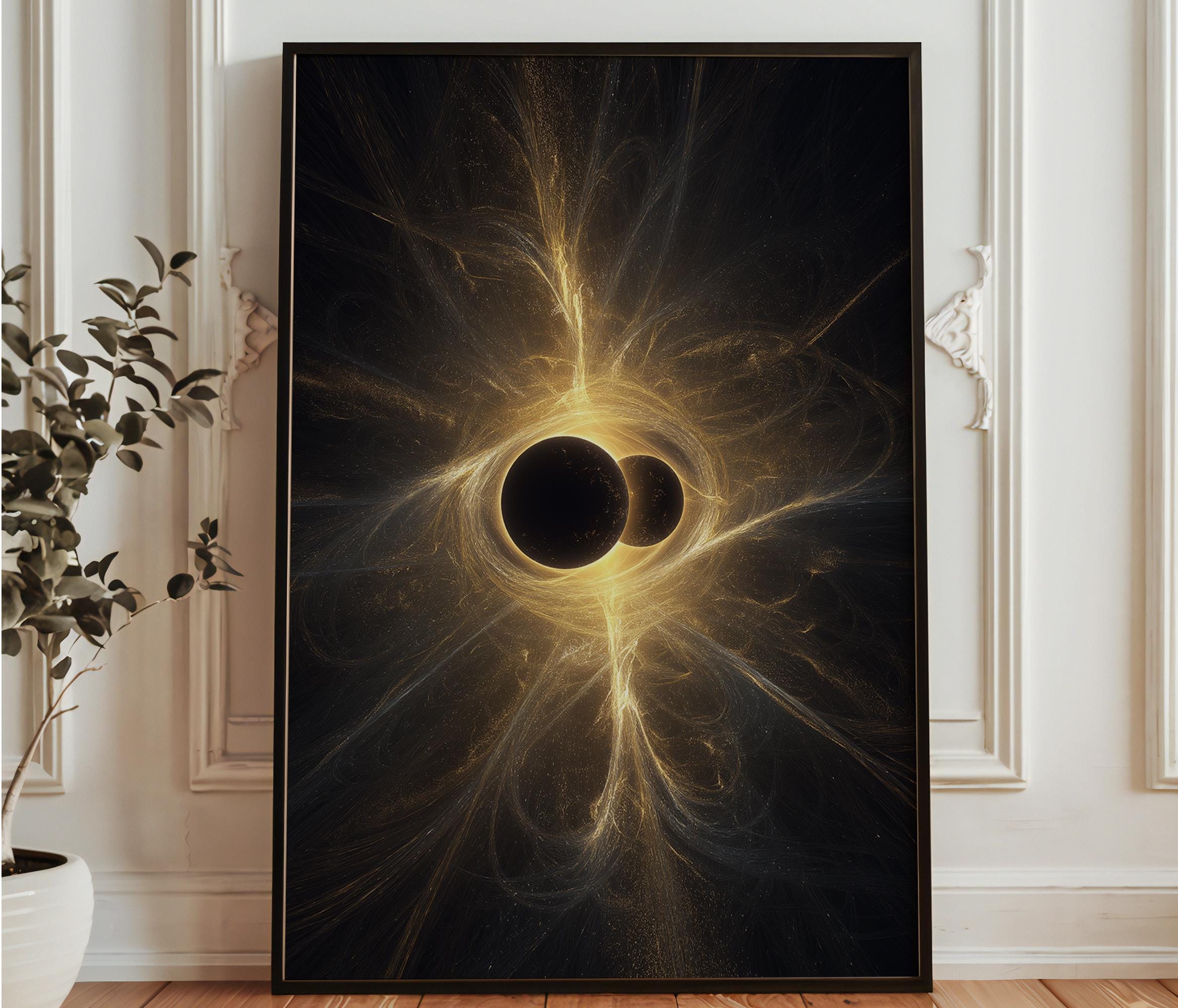 ブラックホール衝突ウォールアート - 宇宙抽象宇宙アート - 黄金星雲