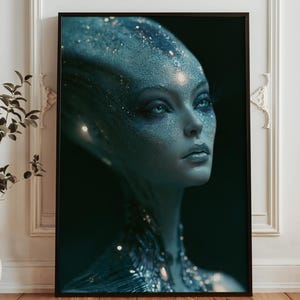 Könnte beinhalten: Ein gerahmter vertikaler Wandkunstdruck, der das Porträt eines außerirdischen Wesens mit irisierender blauer Haut, großen mandelförmigen Augen und einer texturierten, schimmernden Oberfläche zeigt. Die Figur hat einen hohen, länglichen Kopf.