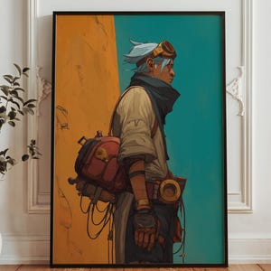 May include: Framed art print featuring a stylized illustration of a person in profile, wearing goggles and a backpack. The artwork has a steampunk aesthetic, with a color palette of orange, teal, and beige. The person is wearing a tan jacket and black gloves.