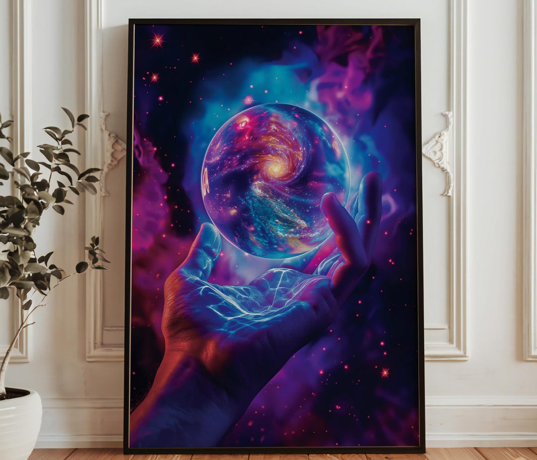 Holding the Universe Wall Art - Cosmic Galaxy Orb Poster - Neon Sci Fi ...