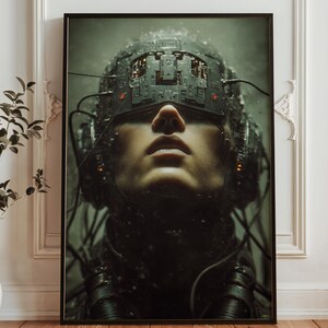 May include: A framed digital art print depicting a person wearing a complex, futuristic headpiece. The artwork is predominantly dark green and black, creating a moody atmosphere. The person's face is central, with the detailed headpiece taking up the top section.