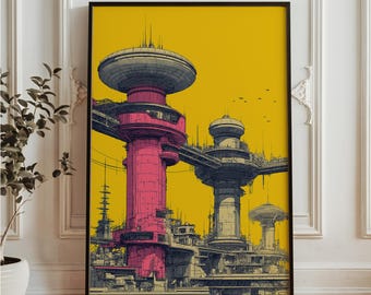 Futuristic City Art Print - Sci Fi Architecture Wall Art - Cyberpunk Cityscape Poster - Retro Sci Fi Illustration