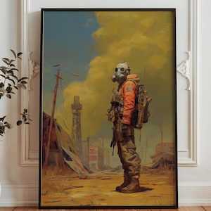 Post-Apocalyptic Survivor Art Print - Gas Mask Soldier Poster - Dystopian Wasteland Character Illustration - Fallout Style Explorer Decor