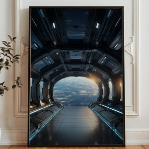 Puede incluir: Impresión artística enmarcada que representa un interior de nave espacial futurista con vista a la Tierra. La imagen presenta un túnel oscuro y metálico con iluminación azul, que conduce a una vista brillante y soleada del planeta. La obra está enmarcada en un borde negro.