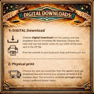 May include: A vintage-style advertisement for digital downloads and physical prints. The top banner reads "DIGITAL DOWNLOADS" with rocket ship and UFO illustrations. Instructions are provided for digital downloads and physical prints, including file download and print options.