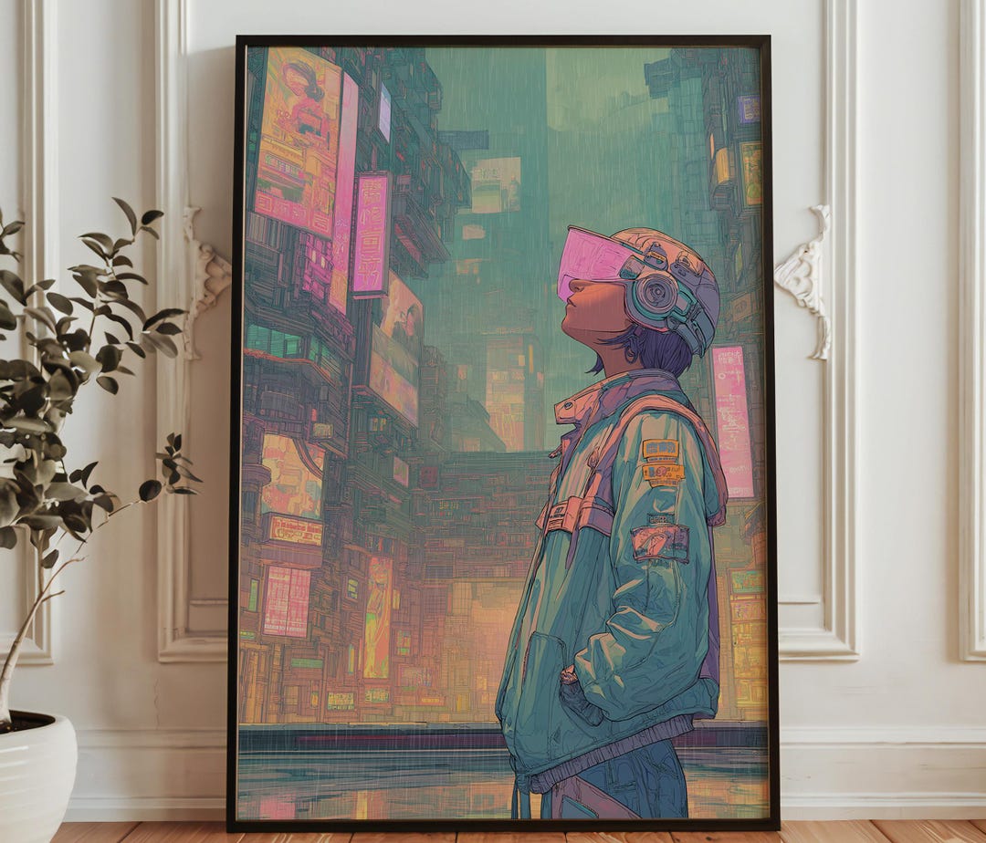 Neon Sci Fi Girl Poster - Cyberpunk City Wall Art - Futuristic Anime ...