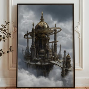 May include: Framed print depicting a fantastical city in the clouds. The artwork shows a detailed, ornate structure with gold accents, bridges, and towers. The sky is filled with dramatic, swirling clouds, creating a surreal and captivating scene.