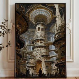 May include: A framed art print showcasing a futuristic city with tall buildings, bridges, and circular platforms. The artwork uses beige, brown, and gold tones, with a starry sky in the background. Figures of people are seen at the base of the buildings, creating a sense of scale.