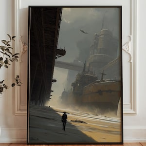 Puede incluir: Impresión artística digital enmarcada que representa un paisaje urbano distópico con grandes estructuras industriales y una figura solitaria caminando por una playa. La paleta de colores es apagada con tonos grises, marrones y amarillos.