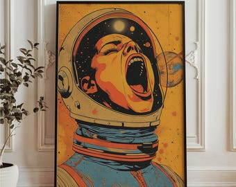 Lámina artística de un astronauta retro gritando - Póster espacial vintage - Decoración de pared de ciencia ficción existencial - Ilustración de terror cósmico