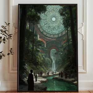 May include: A framed art print showing a fantasy landscape with a forest, river, and architectural features. The artwork features a large domed structure with intricate patterns, a waterfall, and figures walking along the riverbank. The color palette includes greens, browns, and reds.