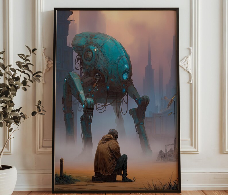 Cyberpunk Robot Walker Art Print - Futuristic Mech City Poster - Sci Fi ...