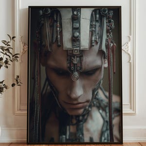 Puede incluir: Impresión artística enmarcada que presenta un retrato de una persona con un casco y adornos de cuello metálicos futuristas. La obra de arte tiene una estética oscura y melancólica con un enfoque en detalles mecánicos intrincados.