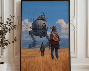 Arte de ciencia ficción del Oeste: encuentro con un robot - Vaqueros frente a una máquina andante en la pradera - Escena futurista del Salvaje Oeste - Decoración de pared del Oeste espacial