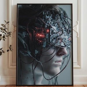 May include: Framed art print featuring a futuristic cyborg portrait. The image showcases a person's profile with intricate wiring and circuit board elements integrated into their head. Red lights illuminate the circuitry, creating a striking visual effect.