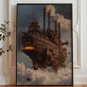 スチームパンク飛行船ウォールアート - 空飛ぶ要塞プリント - 工業SFアートワーク - 空中戦艦ポスター - ファンタジー飛行船装飾