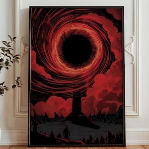 May include: A framed art print featuring a dramatic, stylized depiction of a black hole. Swirling red and orange hues surround the central void, with a dark silhouette of a tower and figures at the bottom. The artwork is framed in black.