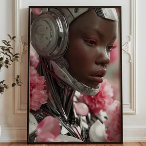 Op de afbeelding: Een ingelijste kunstdruk met een portret van een persoon met een donkere huid die een futuristisch zilveren hoofddeksel draagt. De persoon is omringd door roze bloemen. Het kunstwerk heeft een moderne, digitale kunststijl.