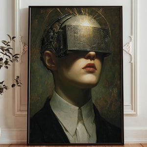 May include: A framed portrait of a person wearing a futuristic headpiece with a rectangular visor. The person is dressed in a black suit with a white collared shirt. The artwork has a vintage, oil painting style with a dark, muted color palette.