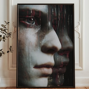 Cyberpunk Double Exposure Portrait Art Print - Futuristic AI Face Poster - Glitch Tech Noir Wall Art - Sci-Fi Digital Overlay Aesthetic