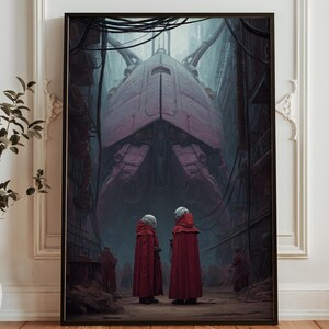 Puede incluir: Impresión artística enmarcada que representa una escena distópica. Dos figuras con capas rojas y cascos blancos se encuentran frente a una estructura masiva. La obra presenta un entorno industrial oscuro con una paleta de colores apagados.